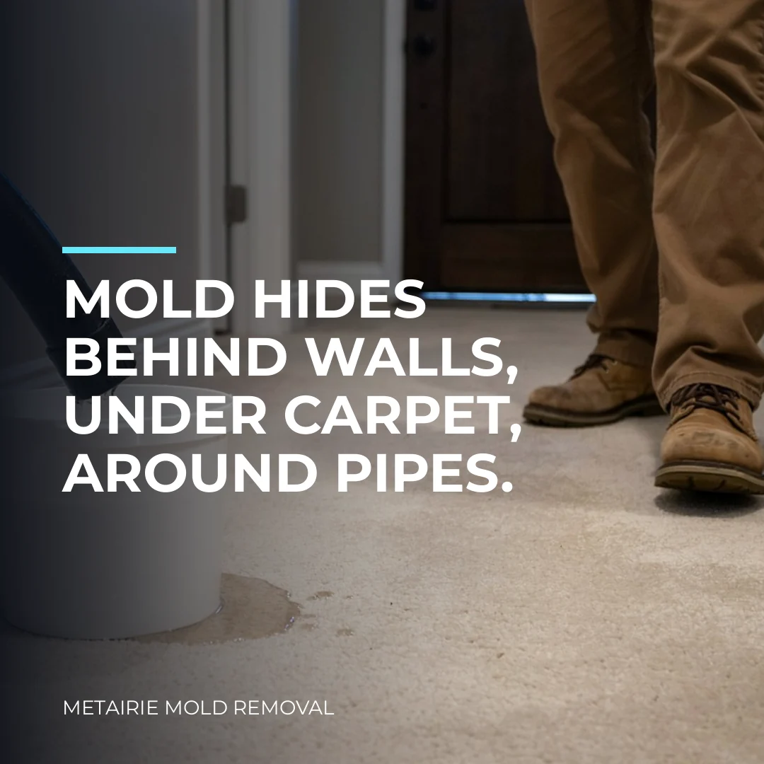 Mold hides behind walls, under carpet, around pipes.